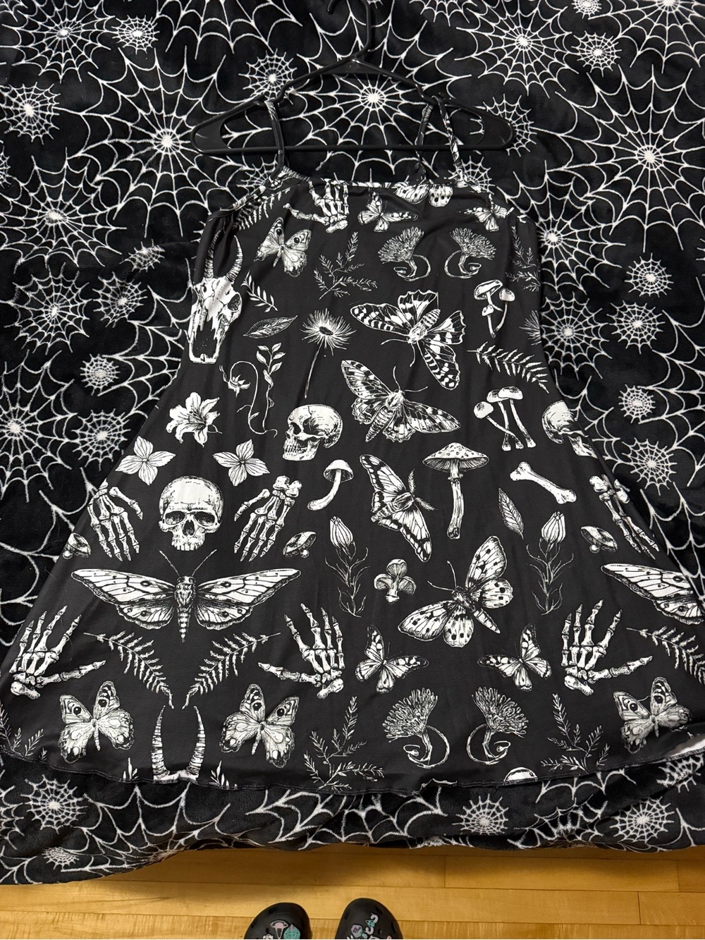 Gothic Black & White Skater Dress with Moth, Skull & Skeleton Print